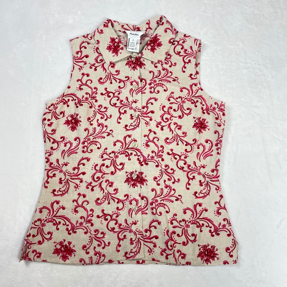 Talbots Top Linen Women P Beige Pink Excellent Floral Scroll Irish Linen Petite